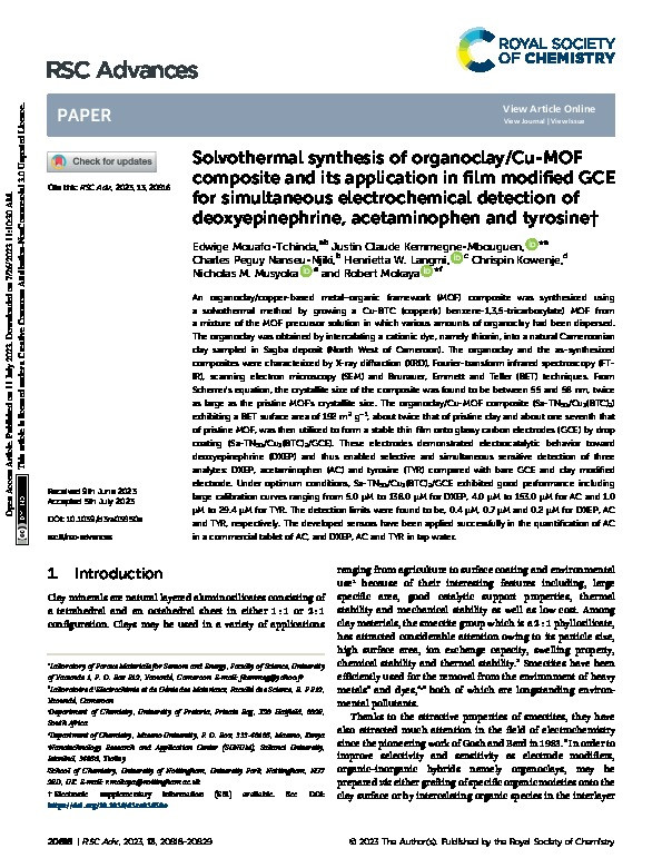 Solvothermal synthesis of organoclay/Cu-MOF composite and its application in film modified GCE for simultaneous electrochemical detection of deoxyepinephrine, acetaminophen and tyrosine Thumbnail