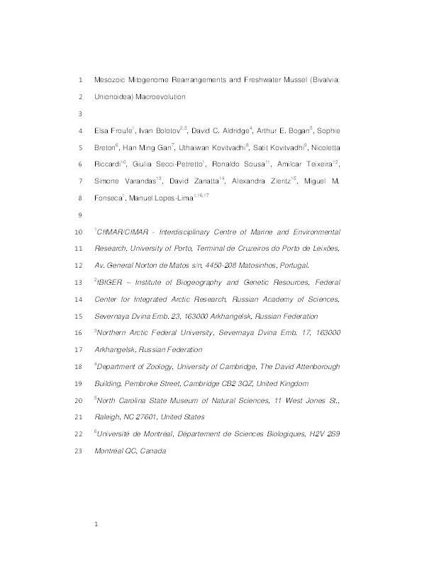 Mesozoic mitogenome rearrangements and freshwater mussel (Bivalvia: Unionoidea) macroevolution Thumbnail