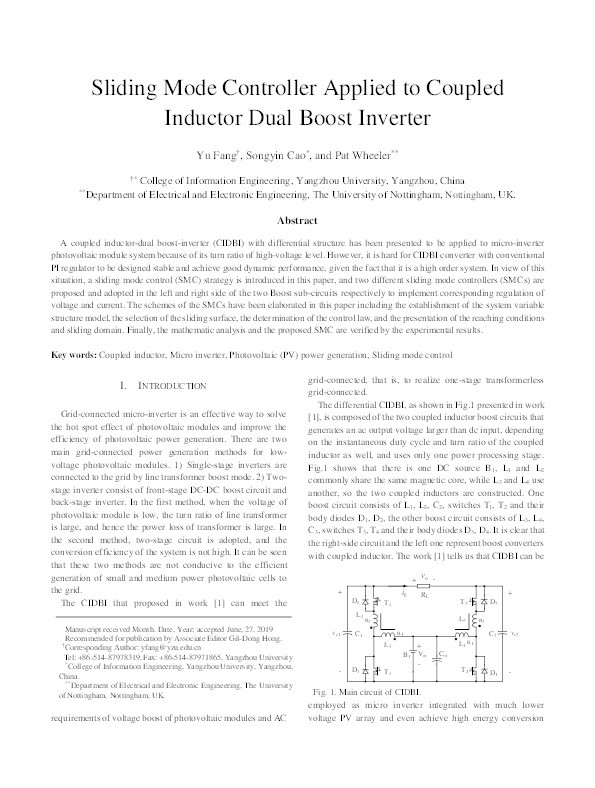 Sliding mode controller applied to coupled inductor dual boost inverter Thumbnail