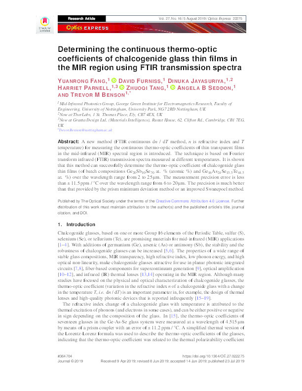 Determining the continuous thermo-optic coefficients of chalcogenide glass thin films in the MIR region using FTIR transmission spectra Thumbnail