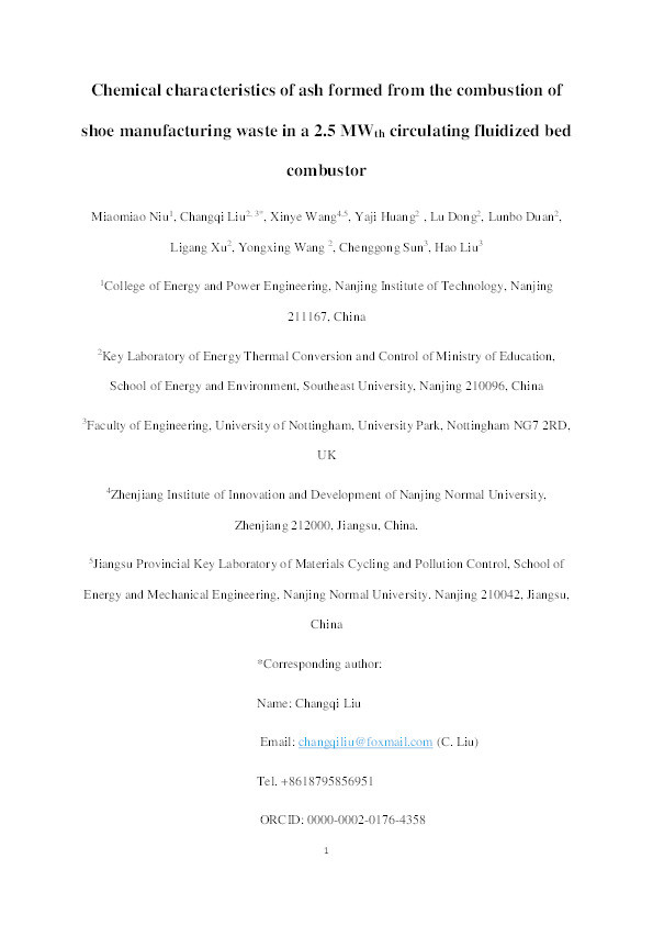 Chemical Characteristics of Ash Formed from the Combustion of Shoe Manufacturing Waste in a 2.5 MWth Circulating Fluidized Bed Combustor Thumbnail