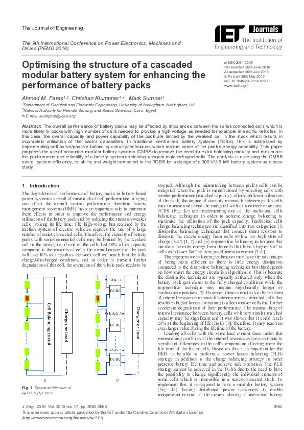 Optimising the structure of a cascaded modular battery system for enhancing the performance of battery packs Thumbnail