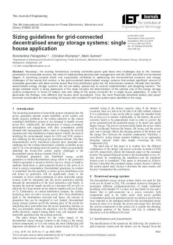 Sizing guidelines for grid-connected decentralised energy storage systems: single house application Thumbnail