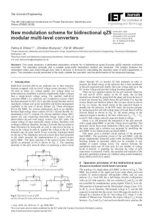 New modulation scheme for bidirectional qZS modular multi-level converters Thumbnail