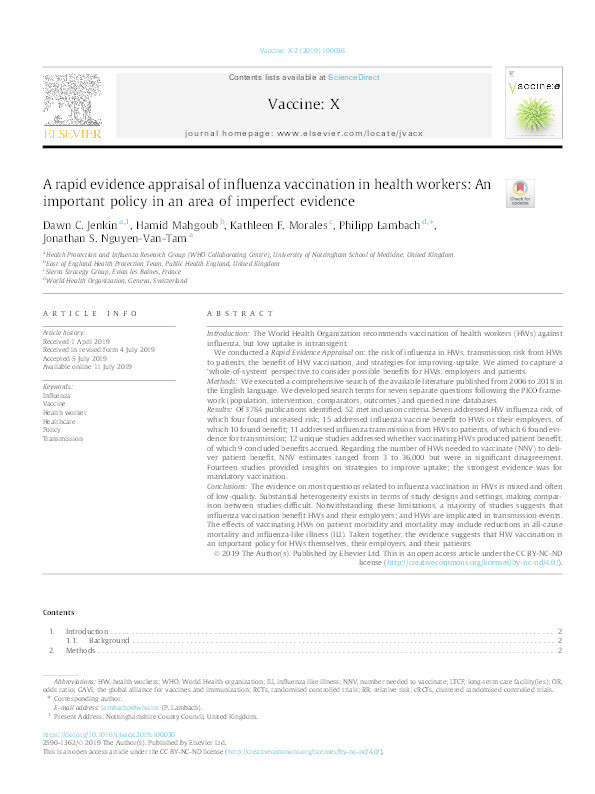 A Rapid Evidence Appraisal of influenza vaccination in health workers: an important policy in an area of imperfect evidence Thumbnail