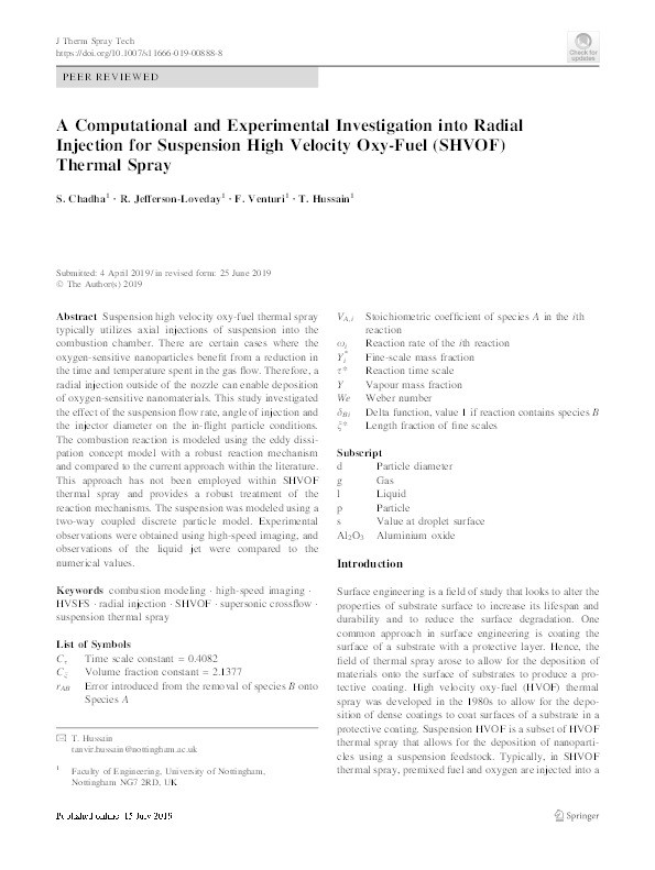 A Computational and Experimental Investigation into Radial Injection for Suspension High Velocity Oxy-Fuel (SHVOF) Thermal Spray Thumbnail