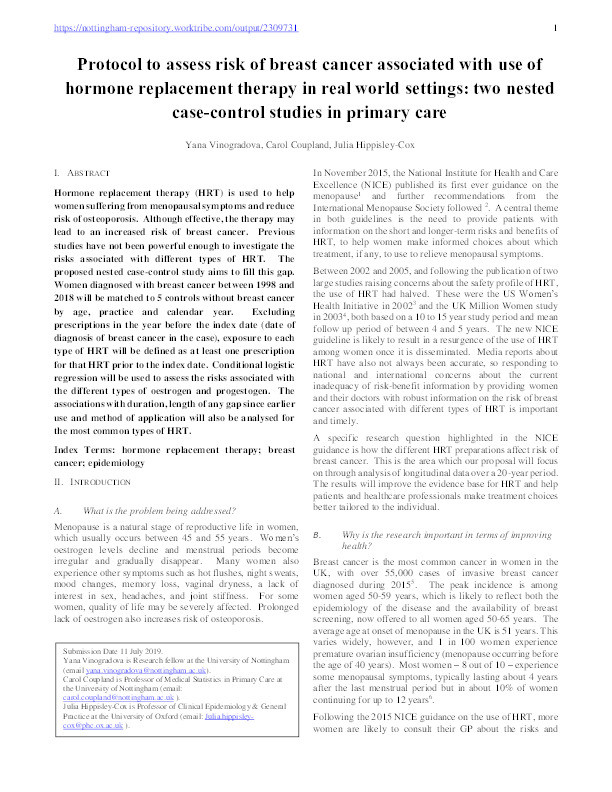 Protocol to assess risk of breast cancer associated with use of hormone replacement therapy in real world settings: two nested case-control studies in primary care. Thumbnail