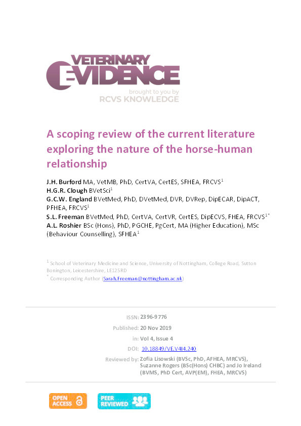 A scoping review of the current literature exploring the nature of the horse-human relationship Thumbnail