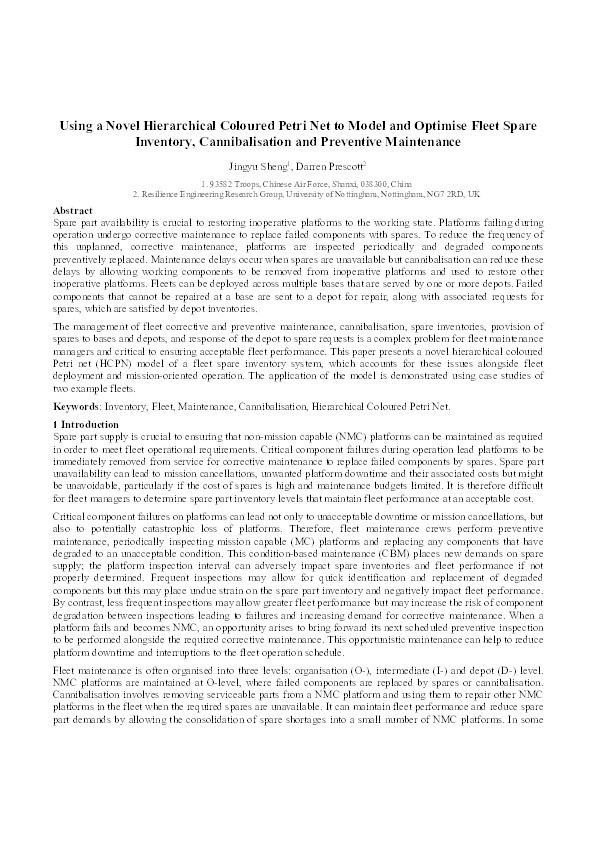 Using a Novel Hierarchical Coloured Petri Net to Model and Optimise Fleet Spare Inventory, Cannibalisation and Preventive Maintenance Thumbnail