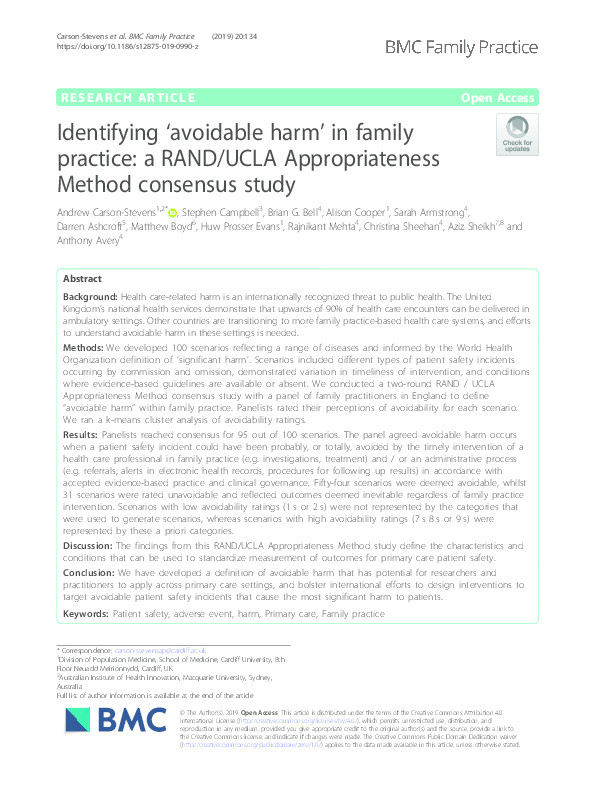 Identifying 'avoidable harm' in family practice: a RAND/UCLA Appropriateness Method consensus study Thumbnail