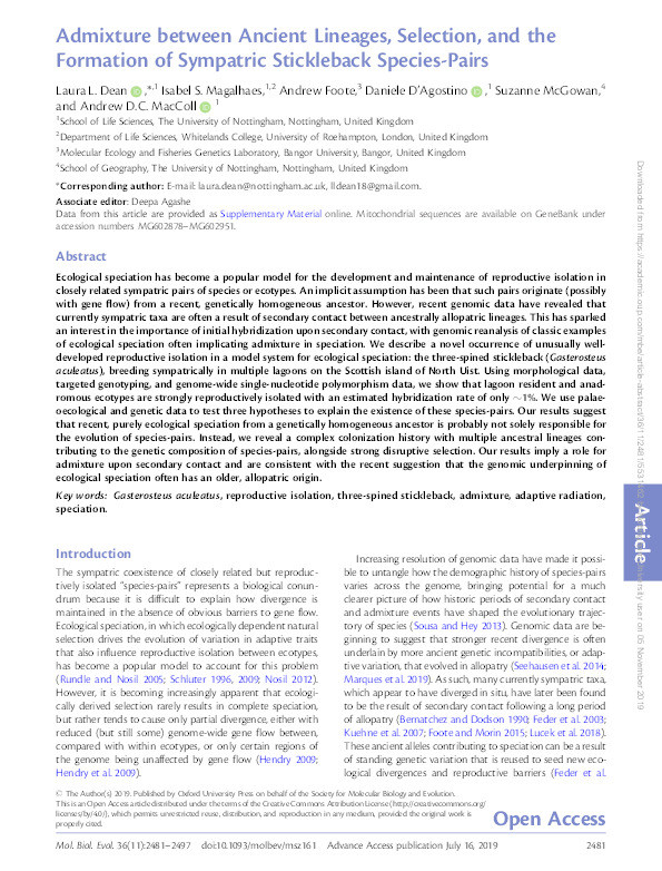 Admixture between ancient lineages, selection, and the formation of sympatric stickleback species-pairs Thumbnail