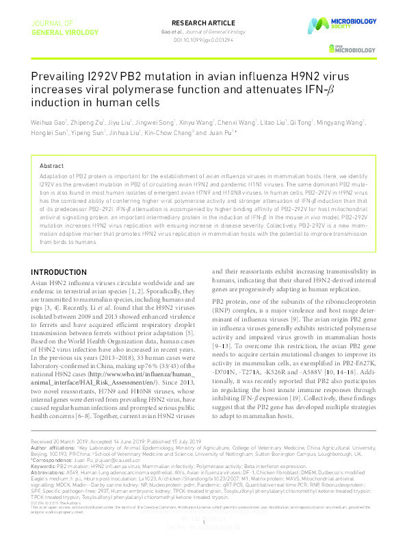 Prevailing I292V PB2 mutation in avian influenza H9N2 virus increases viral polymerase function and attenuates IFN-β induction in human cells Thumbnail