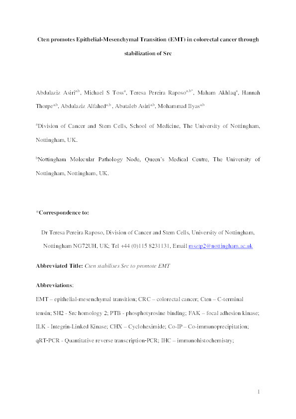 Cten promotes Epithelial–Mesenchymal Transition (EMT) in colorectal cancer through stabilisation of Src Thumbnail
