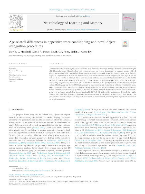 Age-related differences in appetitive trace conditioning and novel object recognition procedures Thumbnail