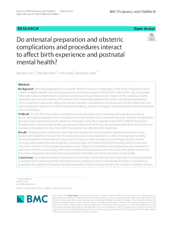 Do antenatal preparation and obstetric complications and procedures interact to affect birth experience and postnatal mental health? Thumbnail