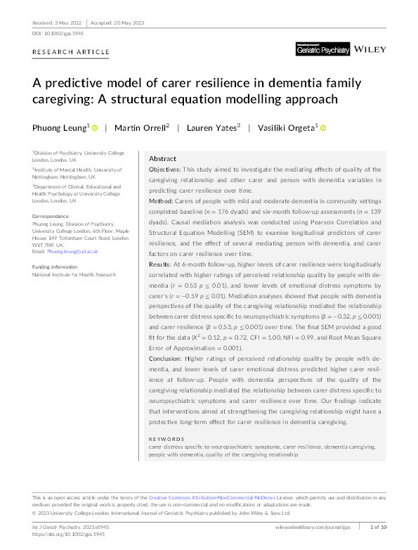 A predictive model of carer resilience in dementia family caregiving: A structural equation modelling approach Thumbnail