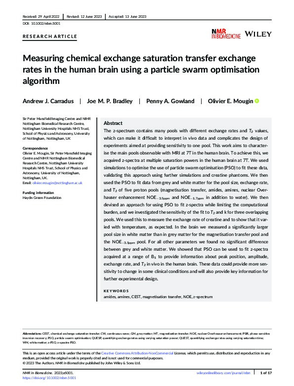 Measuring chemical exchange saturation transfer exchange rates in the human brain using a particle swarm optimisation algorithm Thumbnail