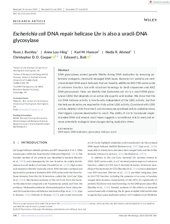 Escherichia coli DNA repair helicase Lhr is also a uracil‐DNA glycosylase Thumbnail