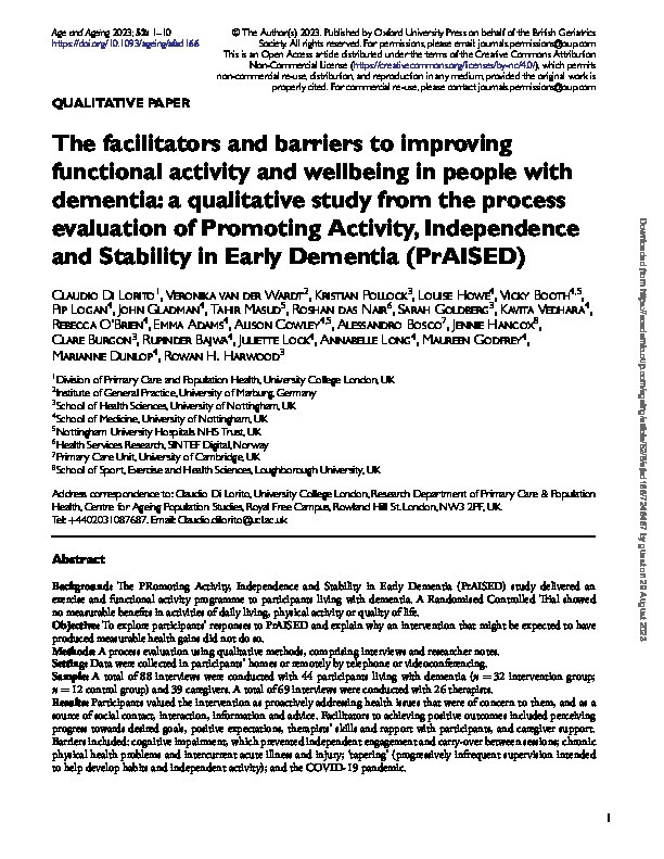 The facilitators and barriers to improving functional activity and wellbeing in people with dementia: A qualitative study from the Process Evaluation of Promoting Activity, Independence and Stability in Early Dementia (PrAISED) Thumbnail