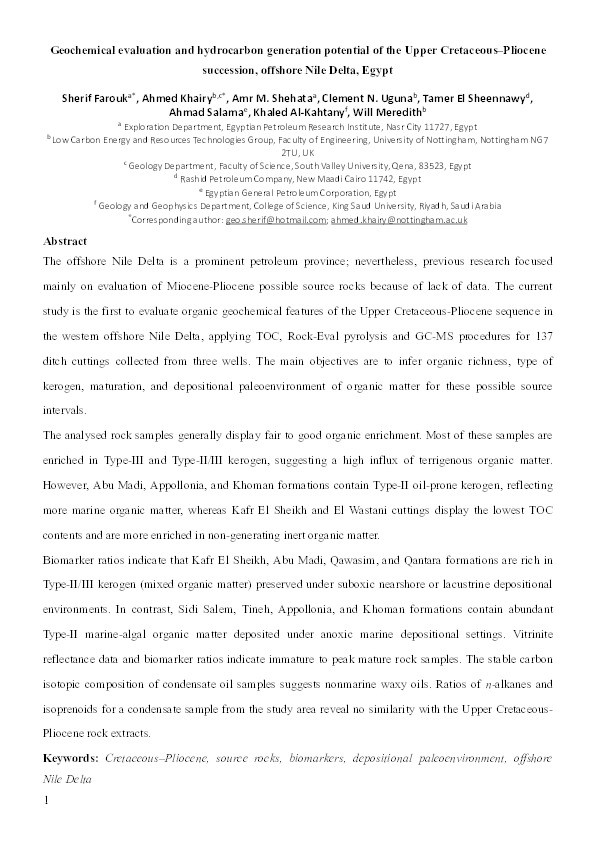 Geochemical evaluation and hydrocarbon generation potential of the Upper Cretaceous–Pliocene succession, offshore Nile Delta, Egypt Thumbnail