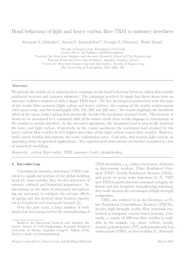 Bond behaviour of light and heavy carbon fibre TRM to masonry interfaces Thumbnail