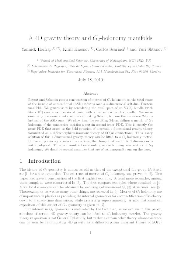 A 4D gravity theory and G2-holonomy manifolds Thumbnail