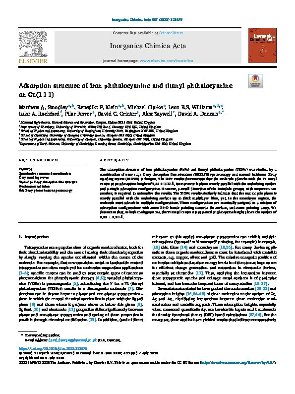 Adsorption structure of iron phthalocyanine and titanyl phthalocyanine on Cu(1 1 1) Thumbnail