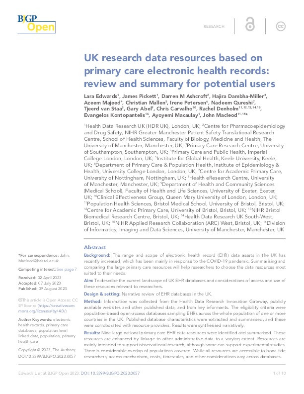 UK research data resources based on primary care electronic health records: review and summary for potential users Thumbnail