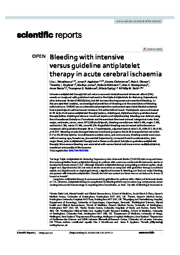 Bleeding with intensive versus guideline antiplatelet therapy in acute cerebral ischaemia Thumbnail