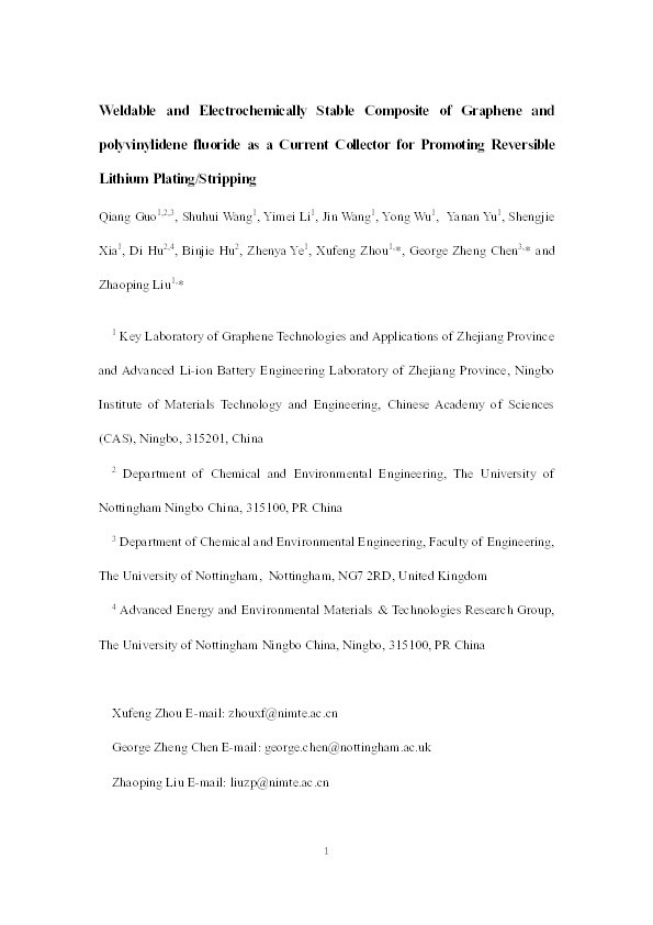 Weldable and electrochemically stable composite of graphene and polyvinylidene fluoride as a current collector for promoting reversible lithium plating/stripping Thumbnail