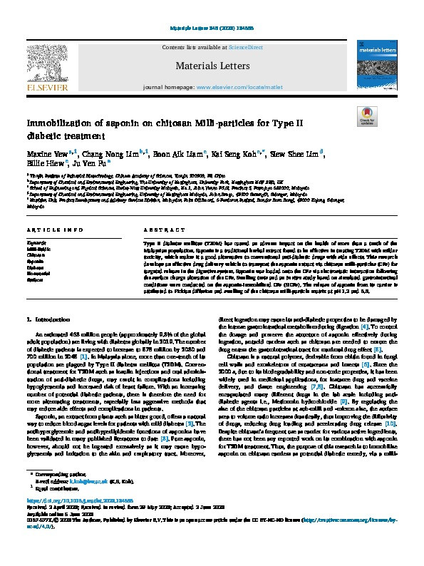 Immobilization of saponin on chitosan Milli-particles for Type II diabetic treatment Thumbnail