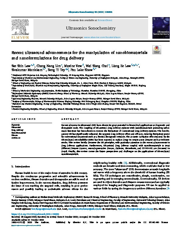 Recent ultrasound advancements for the manipulation of nanobiomaterials and nanoformulations for drug delivery Thumbnail