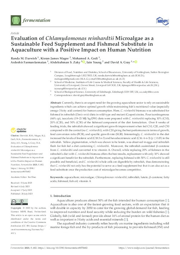Evaluation of Chlamydomonas reinhardtii Microalgae as a Sustainable Feed Supplement and Fishmeal Substitute in Aquaculture with a Positive Impact on Human Nutrition Thumbnail