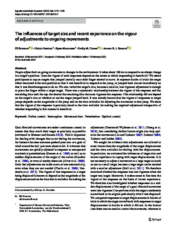 The influences of target size and recent experience on the vigour of adjustments to ongoing movements Thumbnail