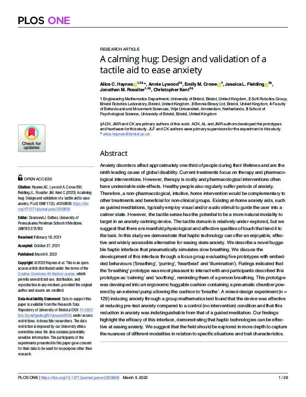 A calming hug: Design and validation of a tactile aid to ease anxiety Thumbnail