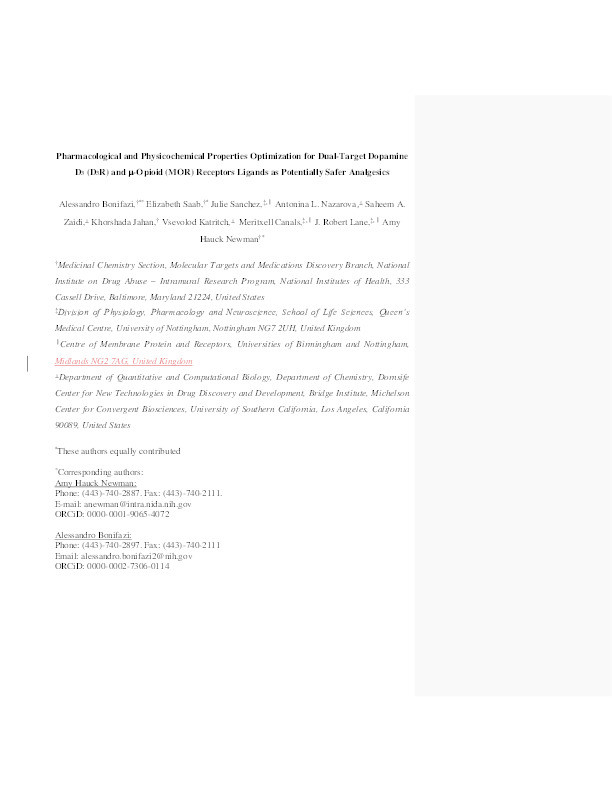 Pharmacological and Physicochemical Properties Optimization for Dual-Target Dopamine D3 (D3R) and μ-Opioid (MOR) Receptor Ligands as Potentially Safer Analgesics Thumbnail