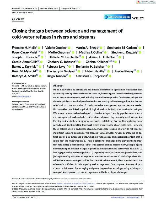 Closing the gap between science and management of cold‐water refuges in rivers and streams Thumbnail