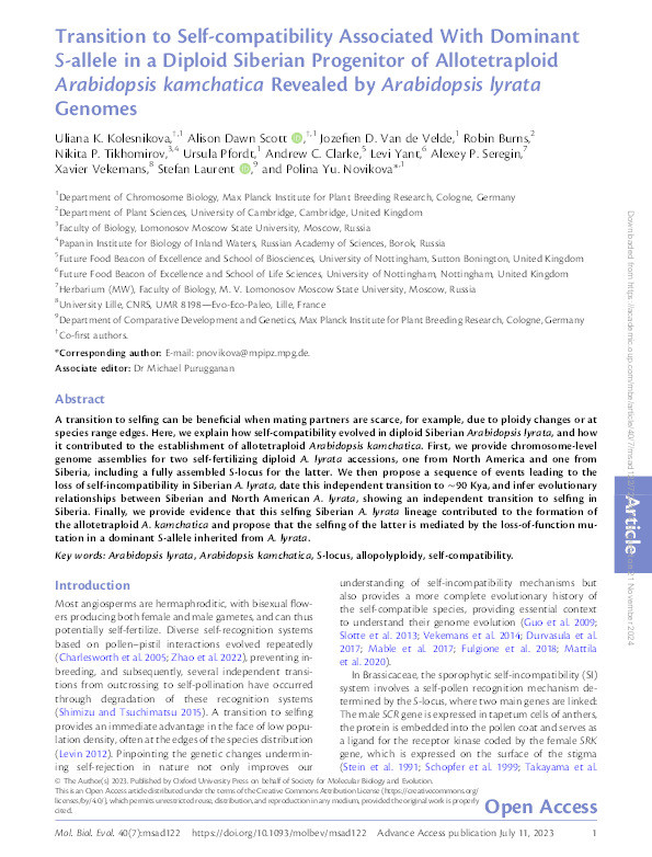 Transition to Self-compatibility Associated With Dominant S-allele in a Diploid Siberian Progenitor of Allotetraploid Arabidopsis kamchatica Revealed by Arabidopsis lyrata Genomes Thumbnail