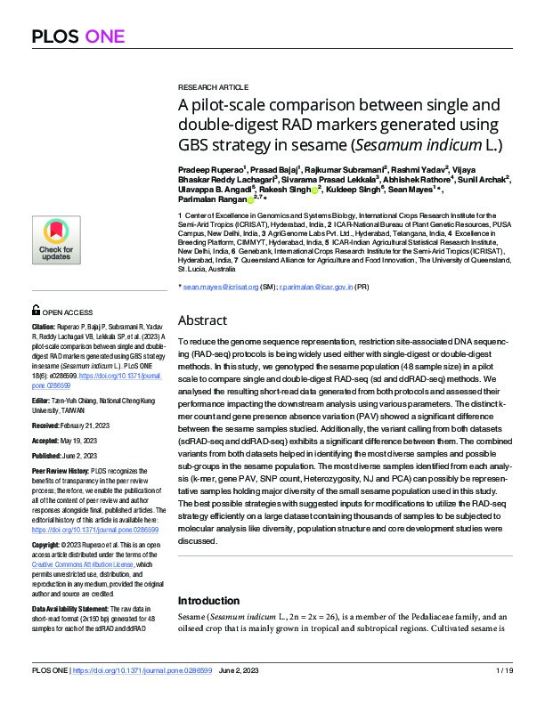 A pilot-scale comparison between single and double-digest RAD markers generated using GBS strategy in sesame (Sesamum indicum L.) Thumbnail