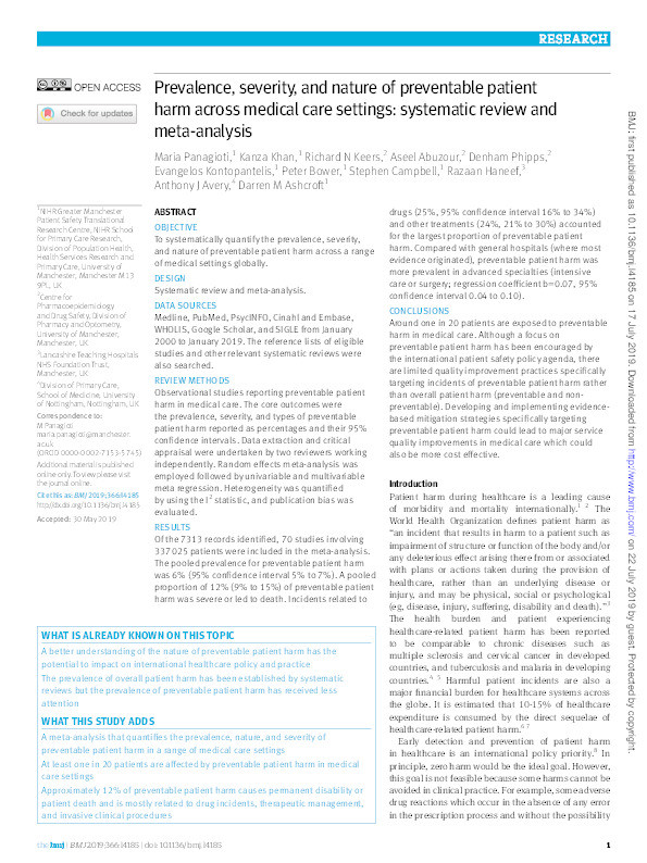Prevalence, severity, and nature of preventable patient harm across medical care settings: systematic review and meta-analysis Thumbnail