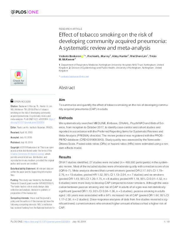 Effect of tobacco smoking on the risk of developing community acquired pneumonia: A systematic review and meta-analysis Thumbnail