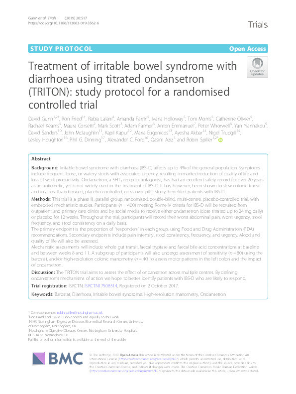 Treatment of Irritable Bowel Syndrome with diarrhoea using Titrated Ondansetron (TRITON): study protocol for a randomised control trial Thumbnail