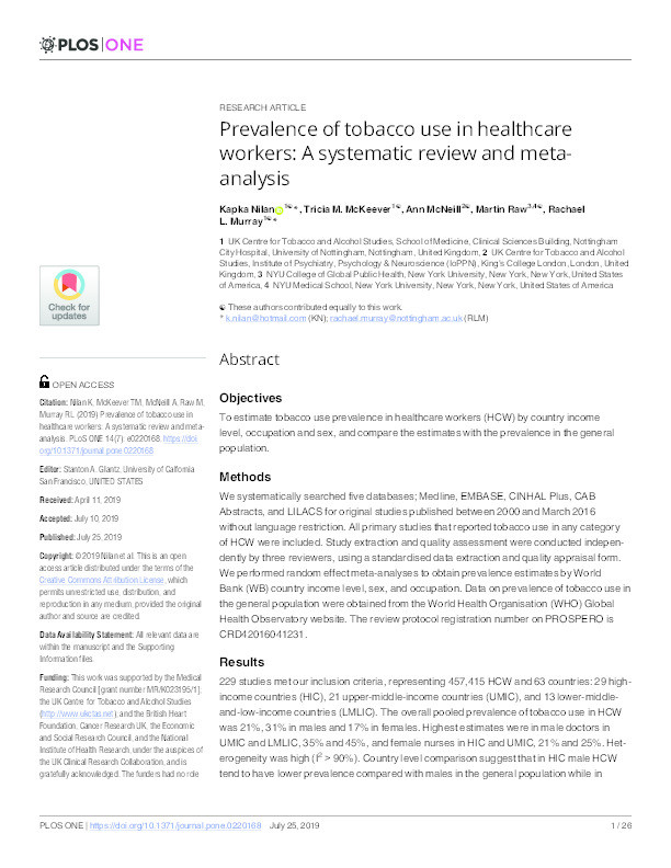 Prevalence of tobacco use in healthcare workers: A systematic review and meta-analysis Thumbnail