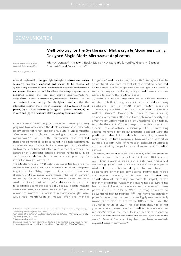 Methodology for the synthesis of methacrylate monomers using designed single mode microwave applicators Thumbnail