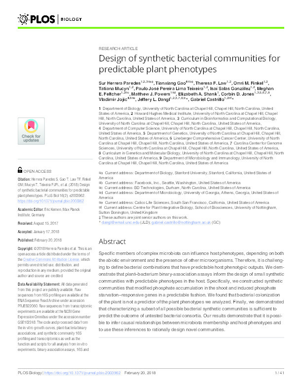 Design of synthetic bacterial communities for predictable plant phenotypes Thumbnail