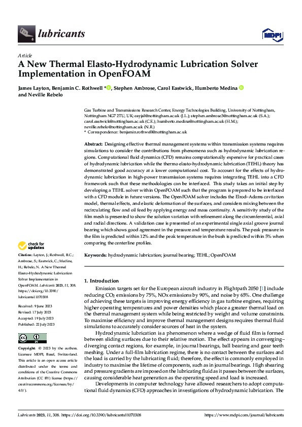 A New Thermal Elasto-Hydrodynamic Lubrication Solver Implementation in OpenFOAM Thumbnail