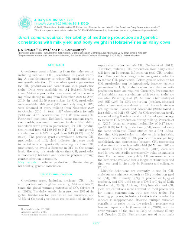 Short communication: Heritability of methane production and genetic correlations with milk yield and body weight in Holstein-Friesian dairy cows Thumbnail