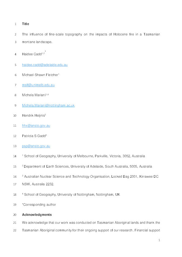 The influence of fine-scale topography on the impacts of Holocene fire in a Tasmanian montane landscape Thumbnail
