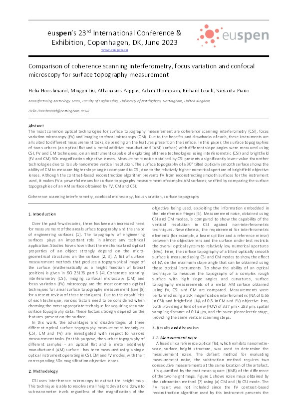 Comparison of coherence scanning interferometry, focus variation and confocal microscopy for surface topography measurement Thumbnail