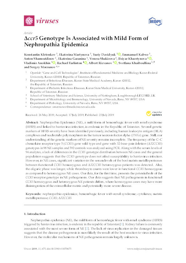 Δccr5 Genotype Is Associated with Mild Form of Nephropathia Epidemica Thumbnail